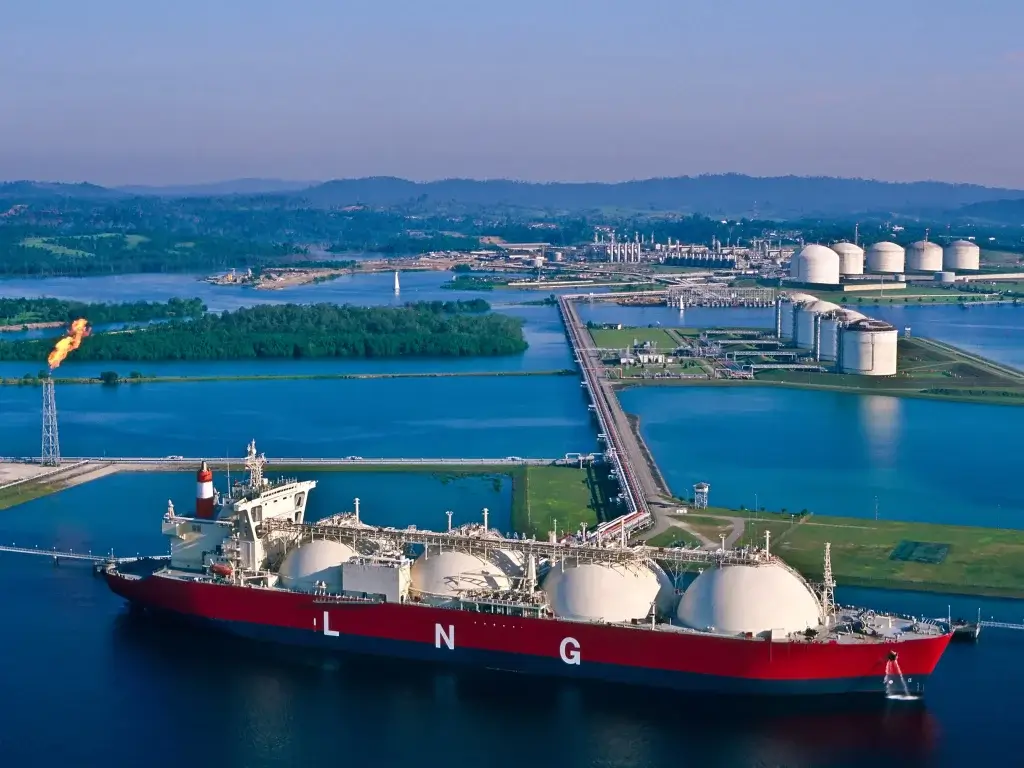 Liquefied Natural Gas Lng Tank Ship In Harbour From The Air