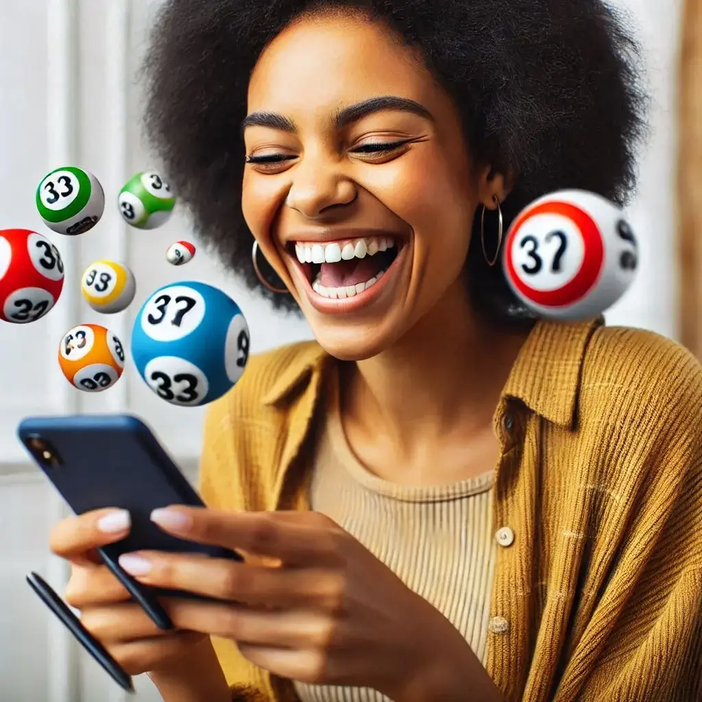 A Brazilian Black Woman With A Big Smile On Her Face Looking At Her Smartphone Where Happy Lottery Balls Jump Out Of The Screen