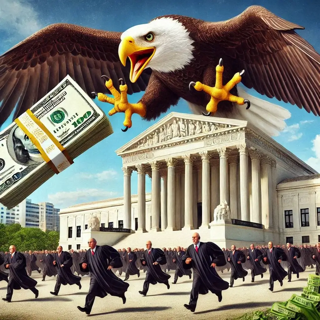 A Giant White Eagle Hovering Above The Supreme Court In Brazilia With Supreme Judges Running Desperately With Their Thick Bundles Of Dollar Bills