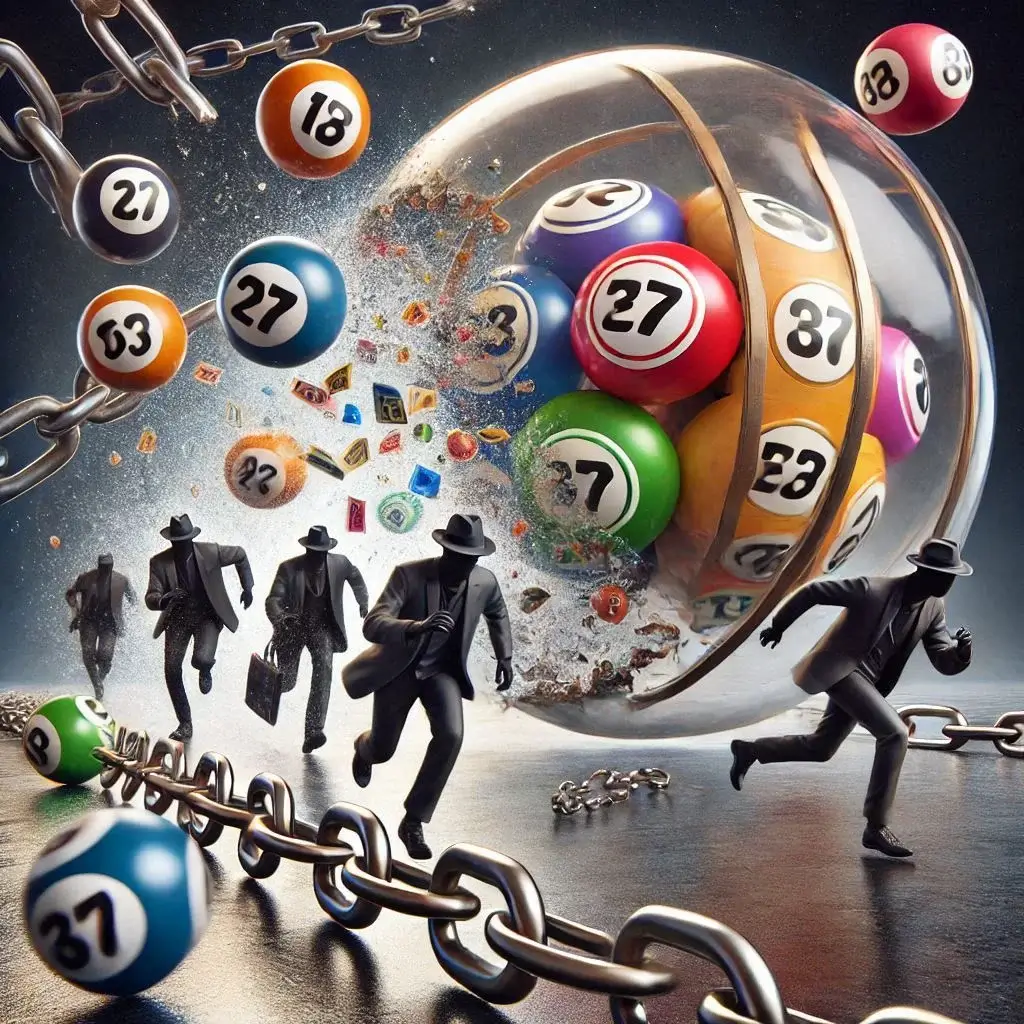 Brazilian Lottery Jackpot As A Rotating Glass Sphere With Lottery Balls Breaking Its Chains And Dark Mafia Gangsters With Black Hats Running Away