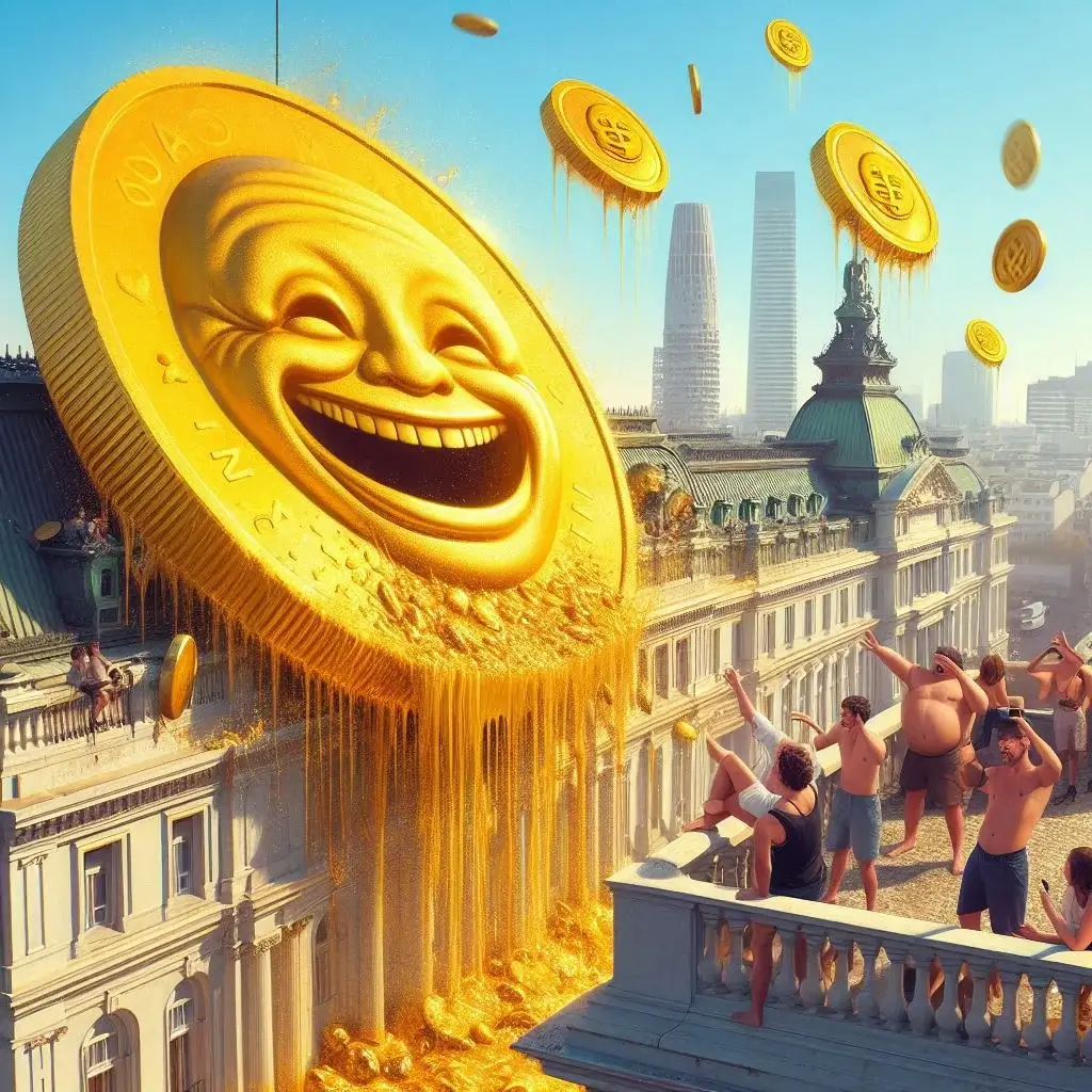 A Meltdown Of Giant Golden Meme Coins Falling From The Sky And Melting Down On The Roofs Of The Government Palace In Buenos Aires With People Looking Unbelievingly