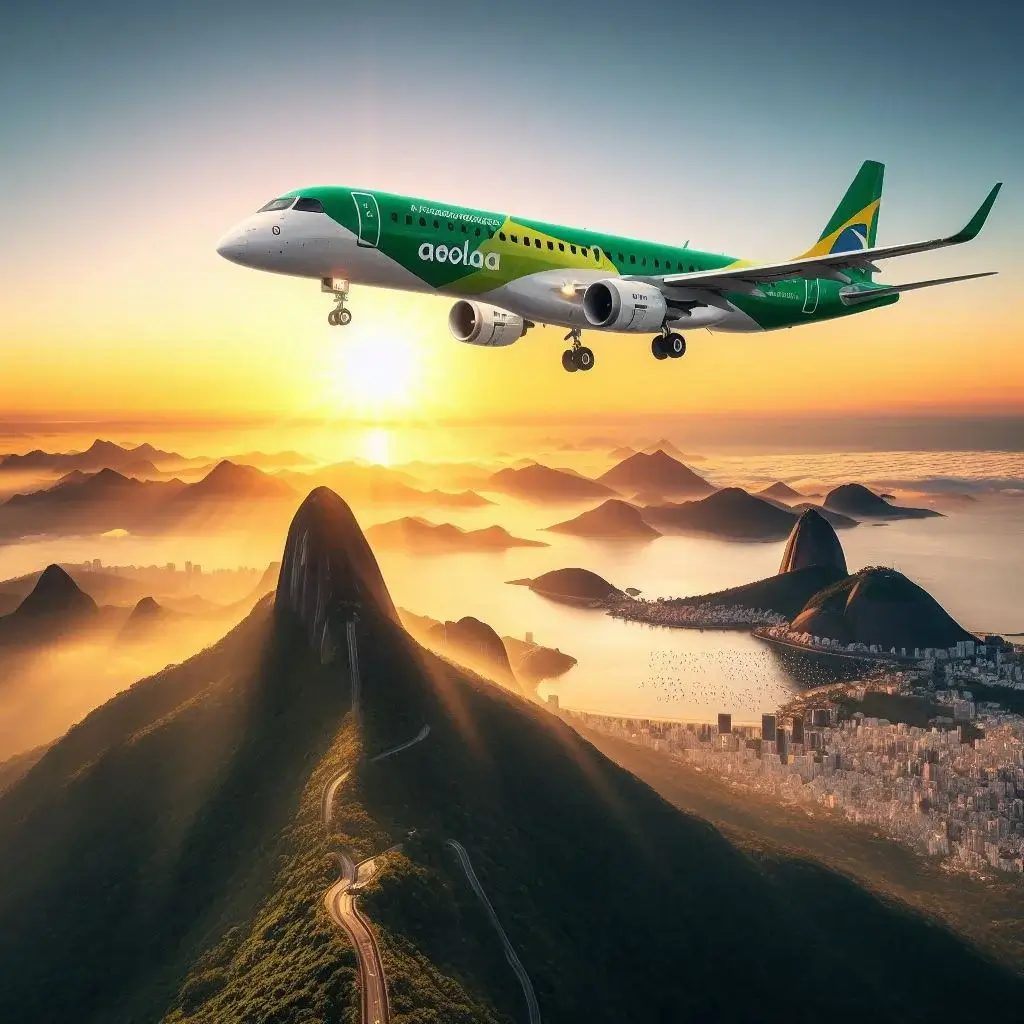 Embraer E195 E2 Jet Painted In The Colors Of The Brazilian Flag Green And Yellow With Aerolula Written On It Flying Above The Sugar Loaf At Sunrise