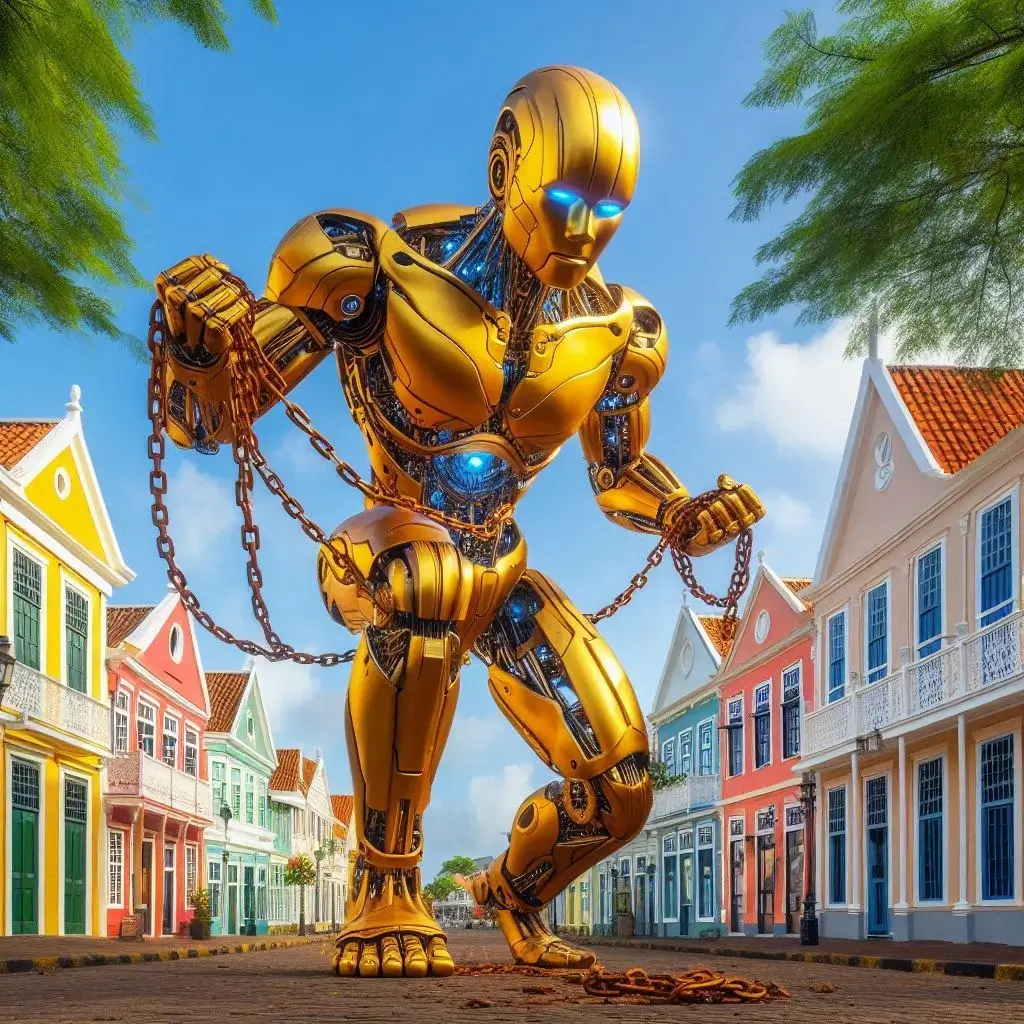 A Giant Golden AI Humanoid Breaking His Chains In The Historic Streets Of Paramaribo With The Beautiful Colonial Houses